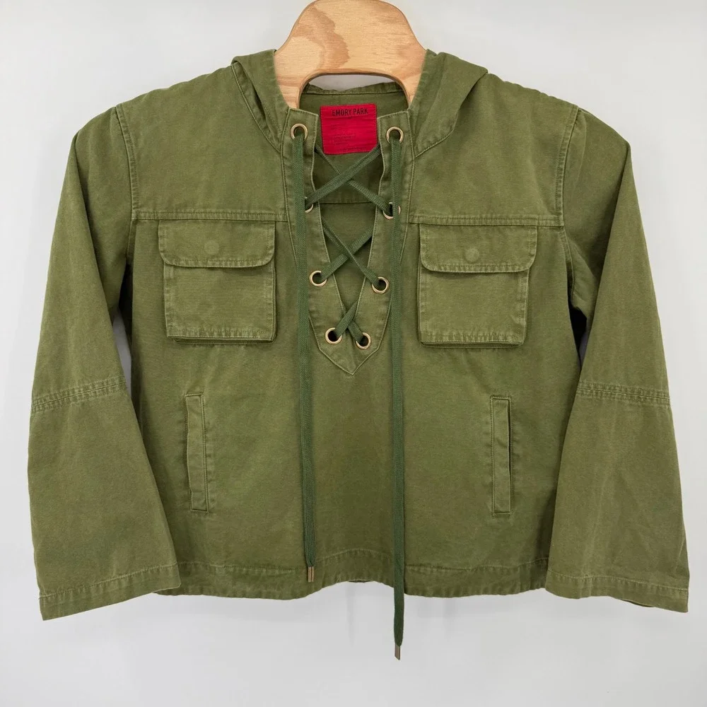 Emory Park Jacket Womens Medium Olive Green Lace Up Hooded Utility Canvas IM185T